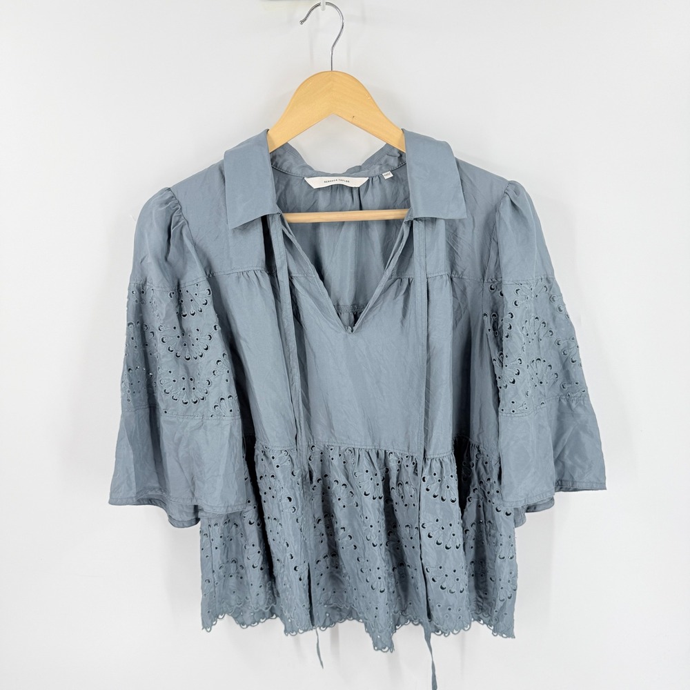 Rebecca Taylor Blouse Blue 6 Eyelet 100% Silk Tiered Peplum Romantic Flowy